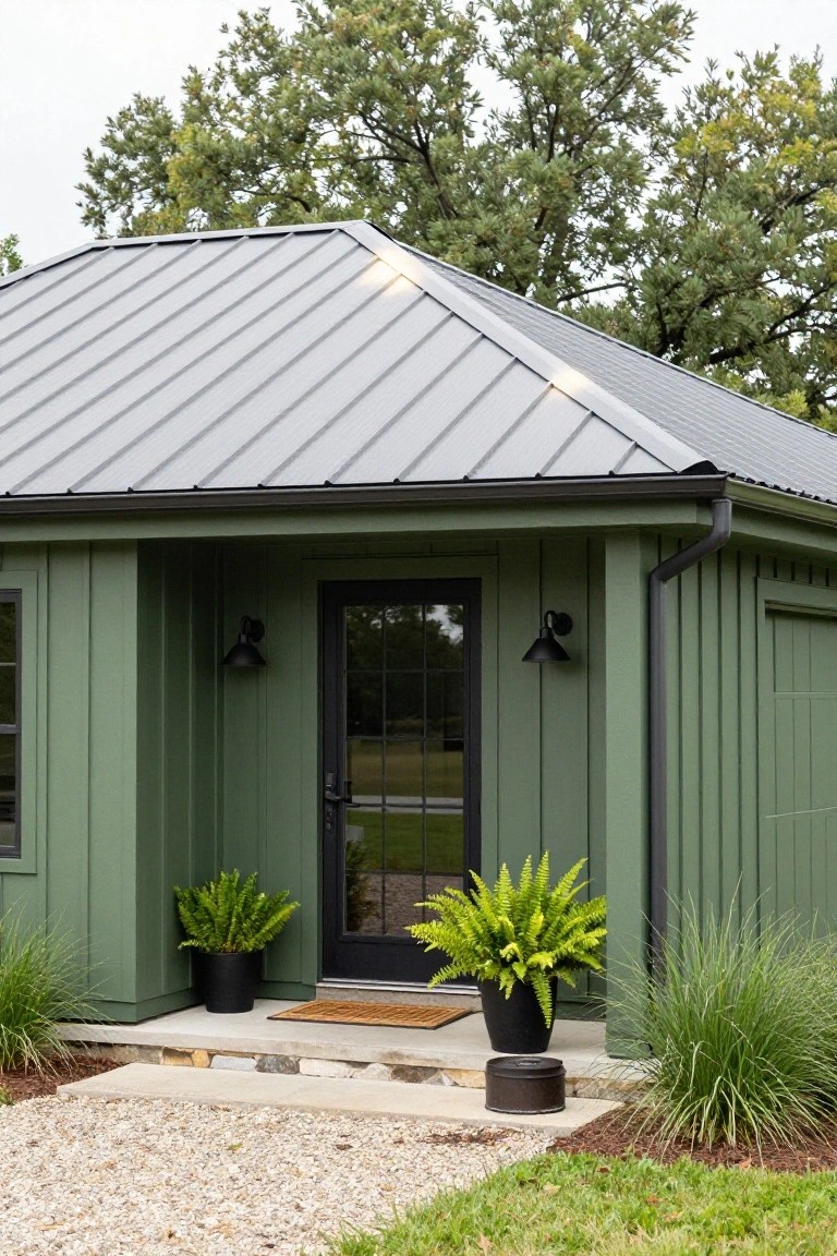 Sage green board-and-batten outbuilding with gray metal roof and covered entry porch, black lanterns flanking a glass door, potted ferns and grasses beside gravel path and stone steps.