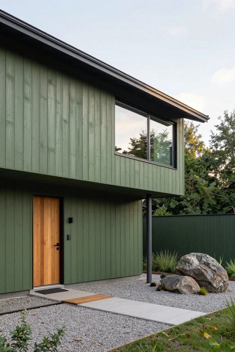 Side exterior view of a modern single-story house with dark green vertical wood siding, dark gray sloped roof, black-framed windows, light wooden entry door, gravel pathway with wood accents, large rocks, and greenery in the yard.