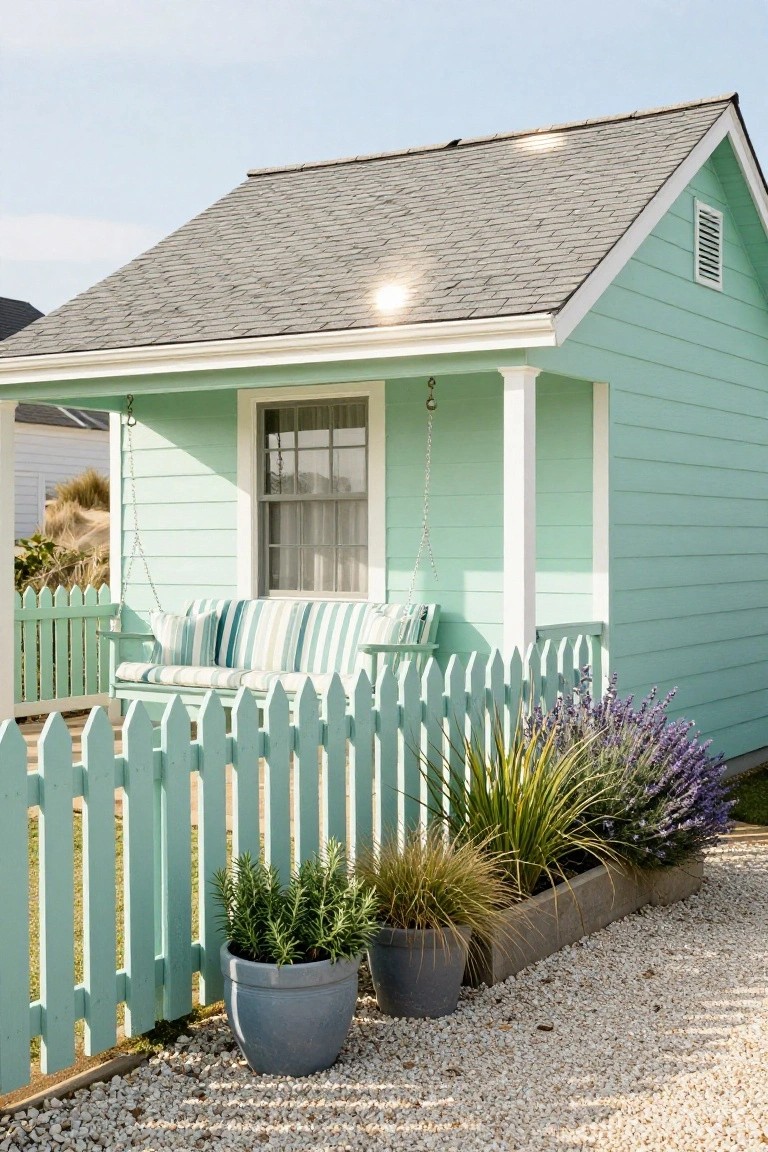 A small mint-green clapboard house with a gray shingle roof, white trim, front porch swing with striped cushions, picket fence, and potted plants along a gravel path.
