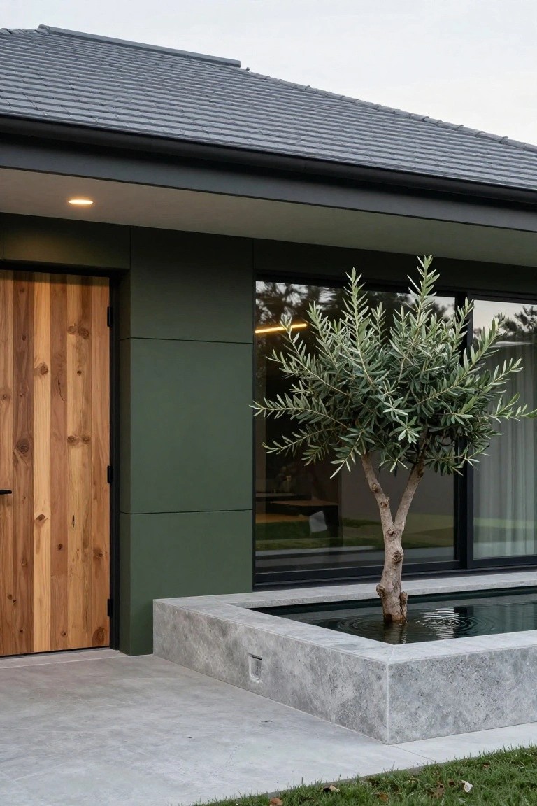 Modern house exterior featuring dark green vertical cladding, gray slate roof, vertical timber entry door, large black-framed window, and a slender olive tree planted directly in a shallow rectangular concrete water basin adjacent to the entrance.