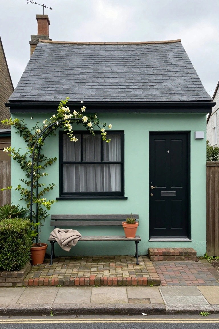 Small mint-green house with dark gray slate roof, black door and window frame, white-flowered climbing plant on metal arch beside the window, wooden bench with beige blanket, potted plants, brick path, and street in front.