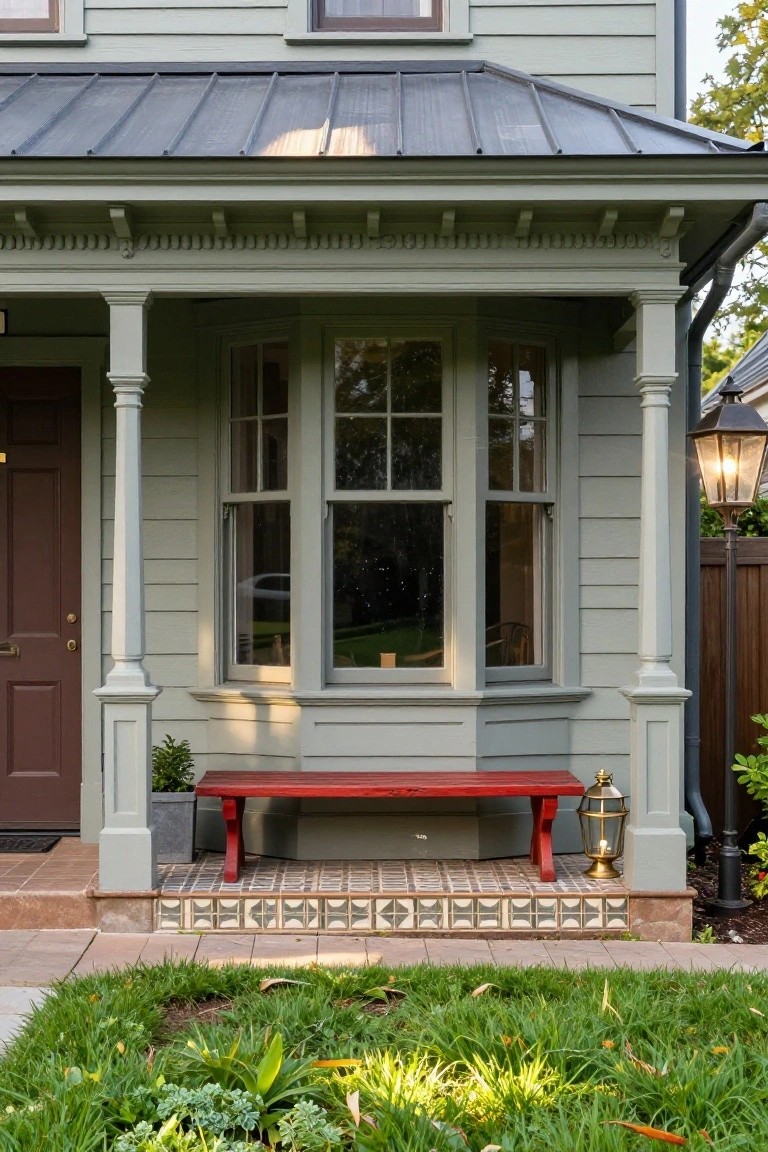 Front exterior of a two-story pale green clapboard house with dark gray metal roof over a porch with white columns, bay window, brown front door, red bench, potted plant, gold lantern, tiled steps, and low landscaping in the yard.