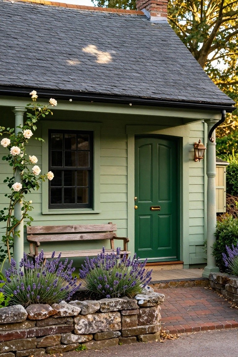 Small sage green clapboard house with dark gray slate roof, green front door, black-framed window, climbing white roses on porch post, lavender plants in stone-bordered beds, wooden bench, lantern light, and brick path.