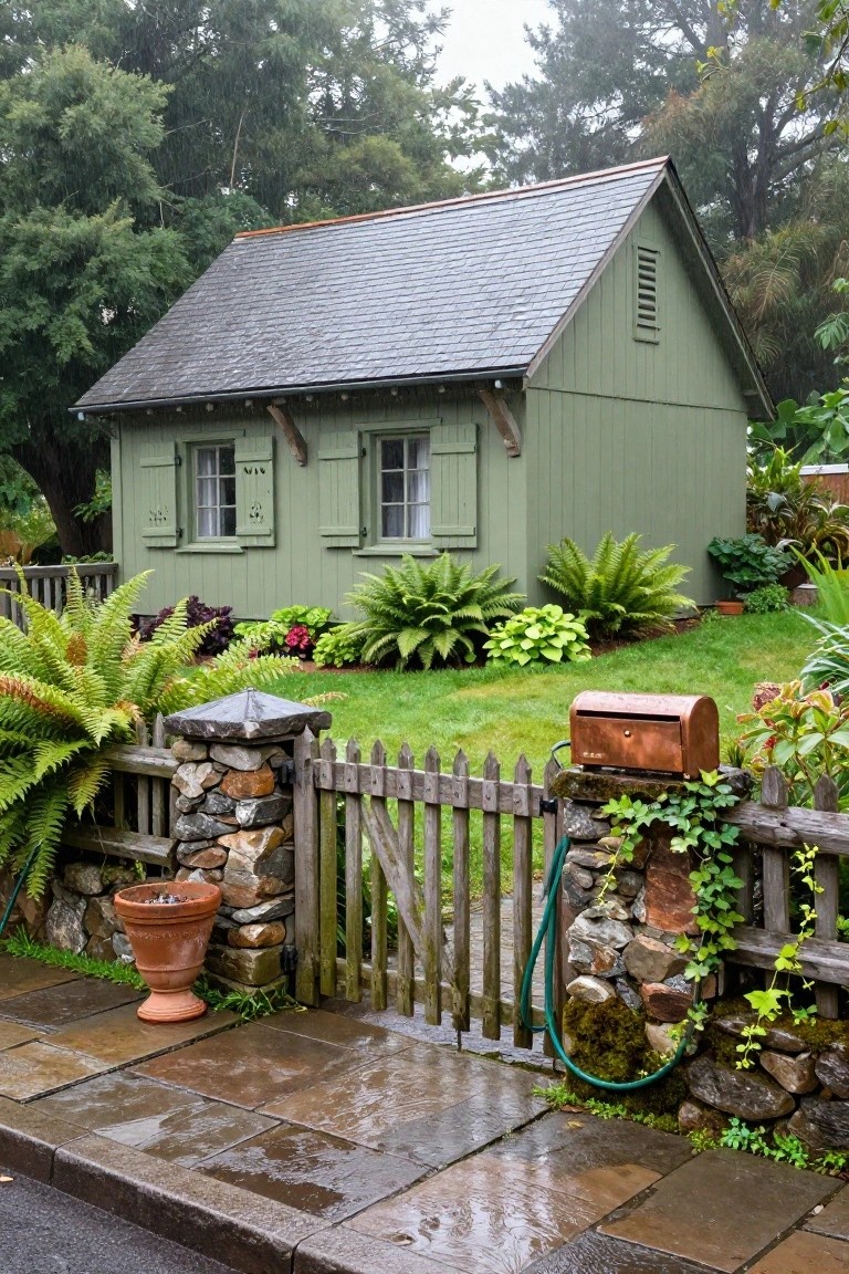 Small sage green wooden shed with dark gray slate roof, green shutters, surrounded by ferns, hostas, and other plants, wooden picket fence with stone pillars, copper mailbox, and hose on a wet stone path in rainy weather.