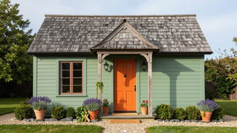 A small sage green shingle-style house with white trim and a centered bright orange arched door, flanked by black lanterns, small white-framed windows, and large terracotta pots of lavender on either side of a stone entry path.