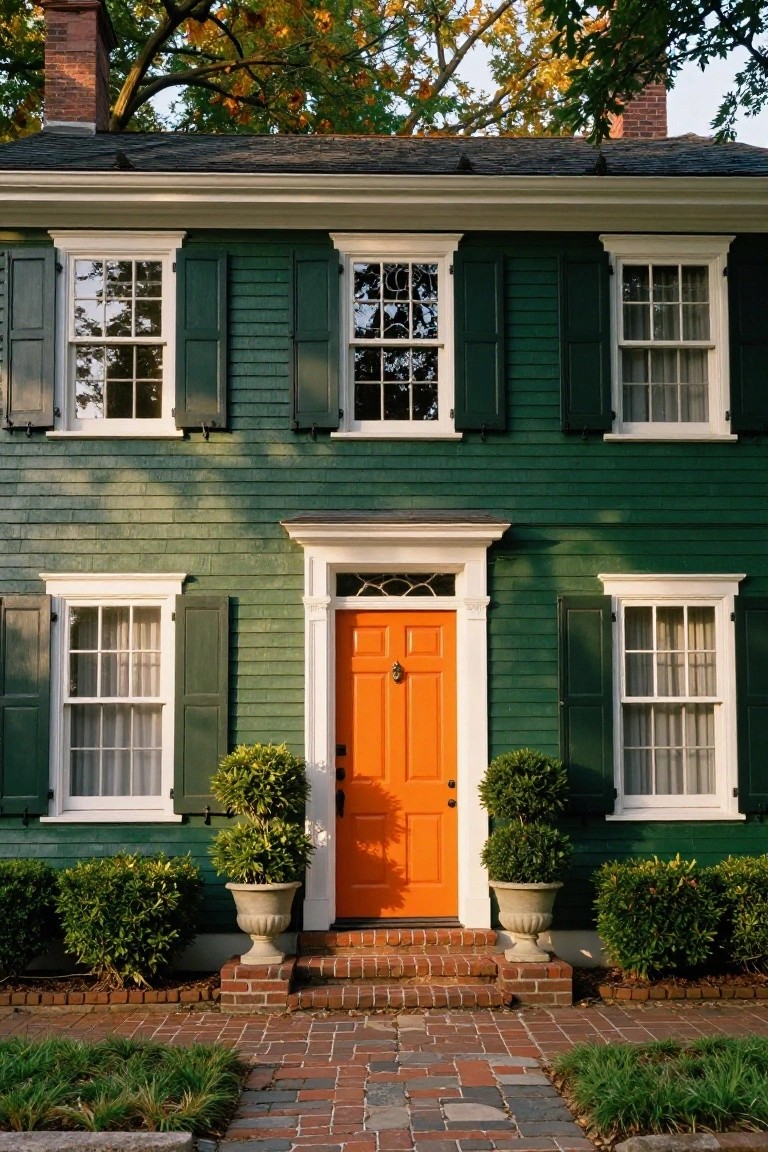 Two-story dark green clapboard house with green shutters, white trim, multipaned windows, bright orange front door with brass knocker, flanked by potted boxwood topiaries in stone urns, brick steps and path, low shrubs, and autumn trees overhead.