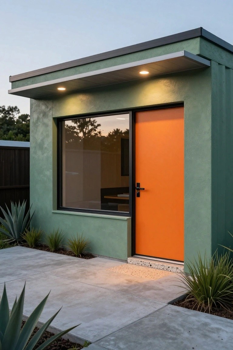 Small modern green stucco house exterior with large black-framed window, bright orange front door, agave plants in beds along concrete path, and overhead lighting at dusk.