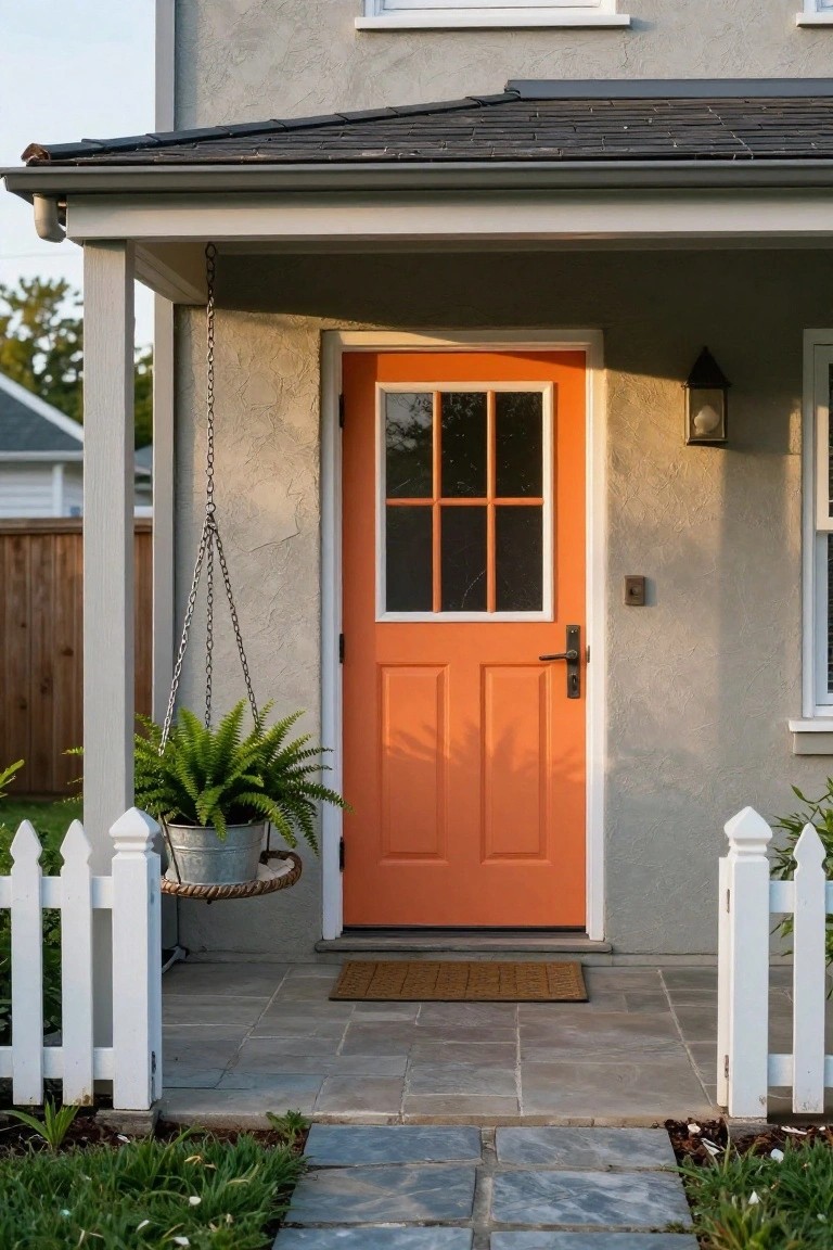 Beige stucco house exterior with a bright orange paneled front door featuring glass window, hanging galvanized planter with fern, porch lantern, doormat on slate steps, and white picket fence along a stone path.