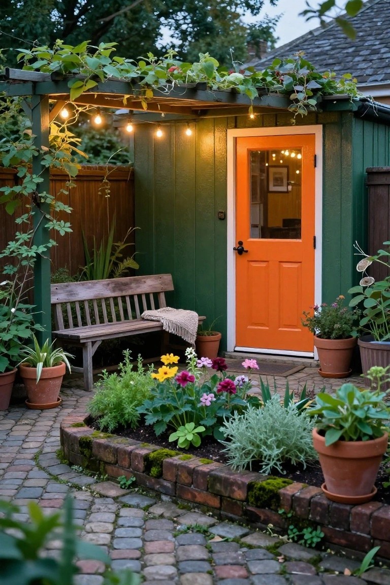 Dark green wooden garden shed with a bright orange paneled door under a vine-covered pergola strung with warm lights, beside a weathered wooden bench, potted plants, flower beds, and a curved brick-edged cobblestone path.