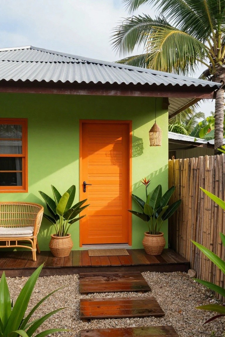Green bungalow with corrugated metal roof, orange front door, orange-framed window, rattan chair, potted plants, bamboo fence, and gravel path in tropical setting.