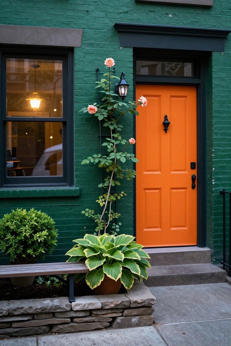 Orange Door on Green Brick Facade