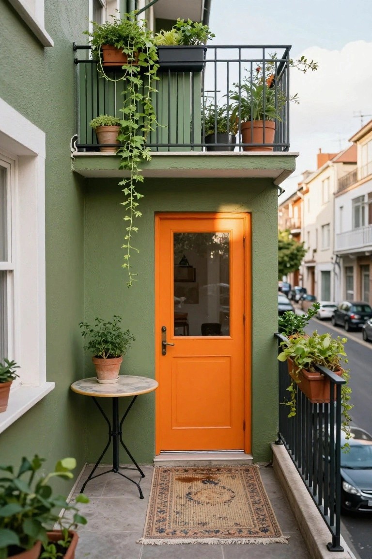 Sage green house facade with bright orange front door featuring a glass panel, potted plants on a small table and steps, balcony with hanging greenery above, and parked cars on a narrow street.