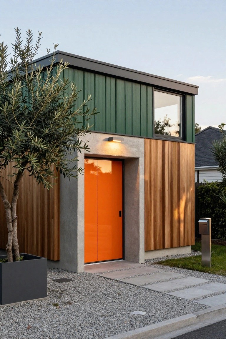 Modern house exterior with dark green corrugated metal siding on the left side, vertical wood cladding and concrete entryway on the right, glossy orange front door, wall-mounted light, potted olive tree, concrete stepping stones, gravel landscaping, and metal post.