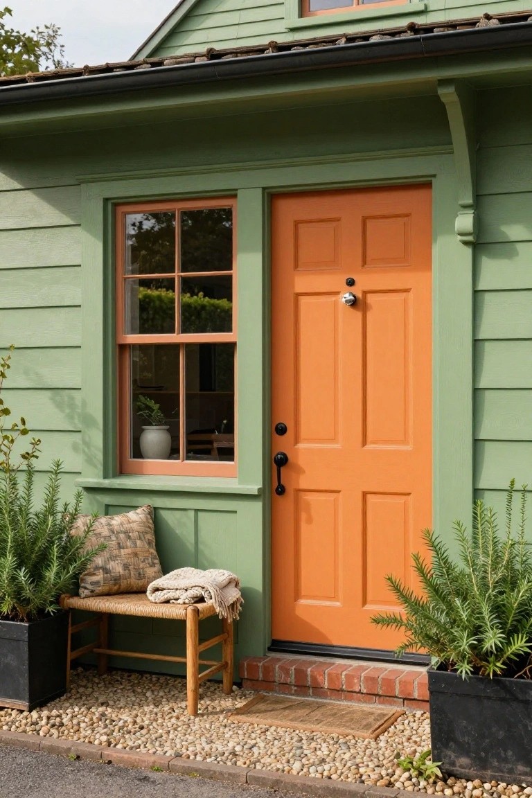 Small green clapboard house exterior with orange front door, orange window frame, potted ferns on either side, wooden bench with pillows and blanket, brick step, gravel path, and black pots.