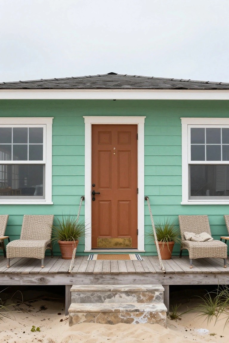 Mint green clapboard beach house with orange front door centered on porch flanked by two windows, wicker chairs, potted plants, rope details, stone steps to sandy ground.