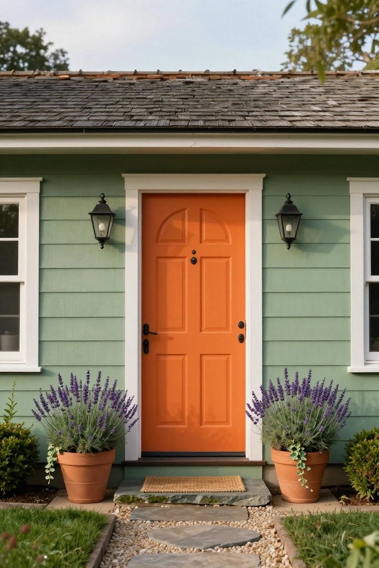 A small sage green shingle-style house with white trim and a centered bright orange arched door, flanked by black lanterns, small white-framed windows, and large terracotta pots of lavender on either side of a stone entry path.