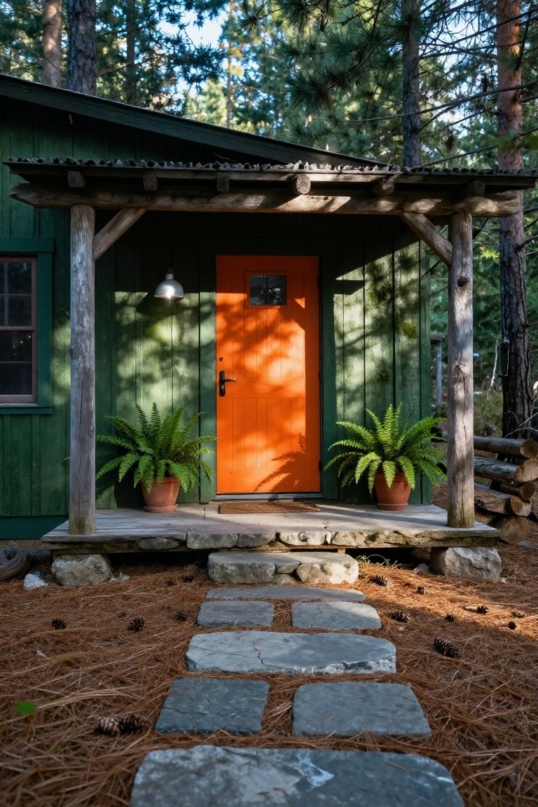 Green wooden cabin with covered porch, orange front door lit by a wall sconce, potted ferns flanking the door, stone step path through pine needles to the entry amid tall pine trees.