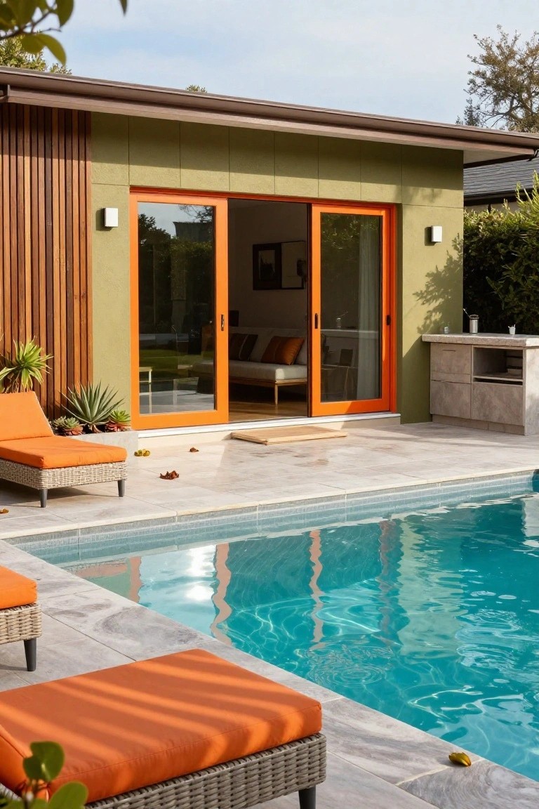 Green modern house with wood accents and large orange sliding glass doors next to a turquoise pool on a tiled deck with orange wicker loungers, stone outdoor kitchen, and potted plants.