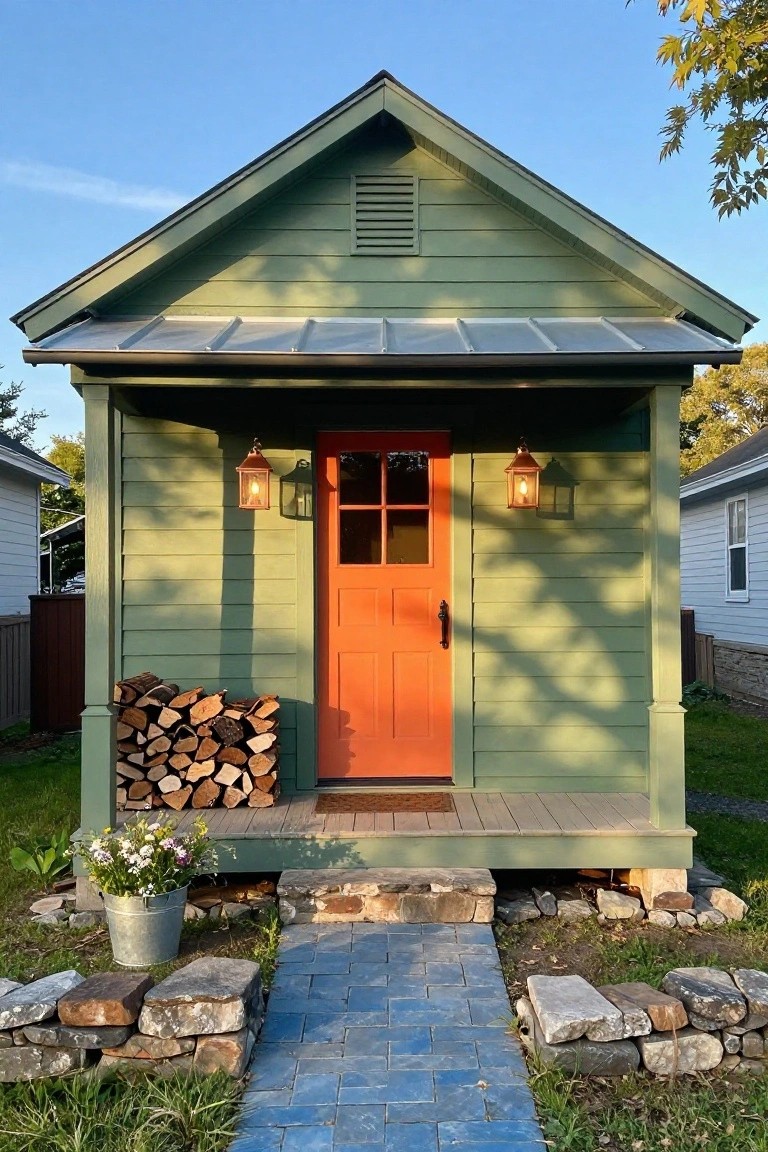 Small sage green clapboard house with gabled metal roof, orange four-pane door on porch flanked by copper lanterns, firewood stack, metal bucket of flowers, and blue brick path edged in stone.
