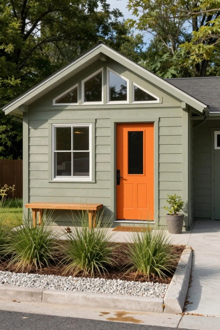 A small sage green clapboard house with a gabled roof and triangular upper windows, flanked by a square window and an orange paneled front door with a vertical window, a wooden bench beside grasses and pebbles in a front bed.