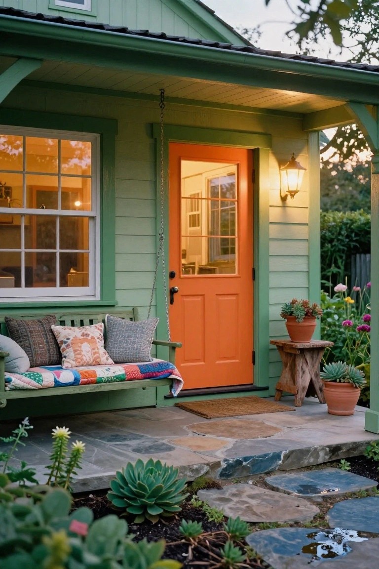 Sage green wooden cottage exterior with bright orange front door, hanging porch swing covered in pillows and quilt, potted succulents and flowers on a stone porch and steps at dusk.