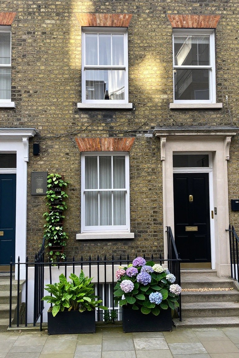 Yellow brick terraced house exterior with white sash windows, black front door, iron railing, and two large black pots of purple and blue hydrangeas flanking the entry steps.