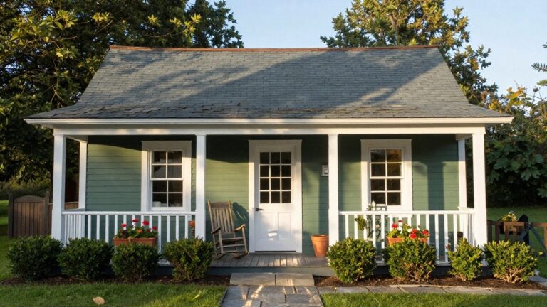 Small sage green clapboard house with white double-hung windows under a gray shingle roof, green door, wooden rocking chair on porch, red geranium window box, potted plant, boxwood shrubs, and wooden garden gate on stone path.