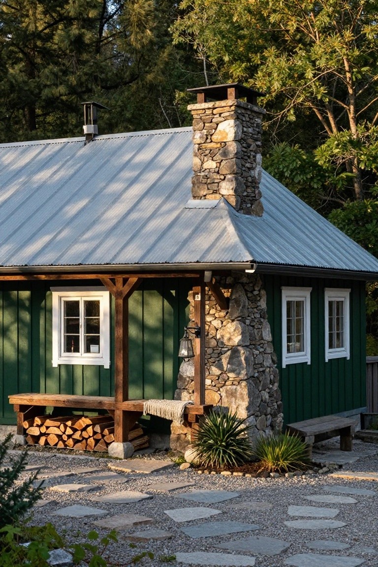 Side exterior of a dark green wooden cabin with white-framed windows, corrugated metal roof, stone chimney, wooden porch bench holding firewood stack, stone path, and surrounding trees.