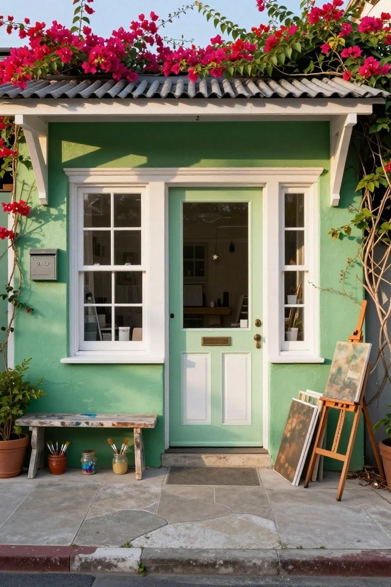 A small mint-green house with white-framed windows and door, red bougainvillea vines overhead, potted plants, paint supplies, and easels with canvases on a stone path in front.
