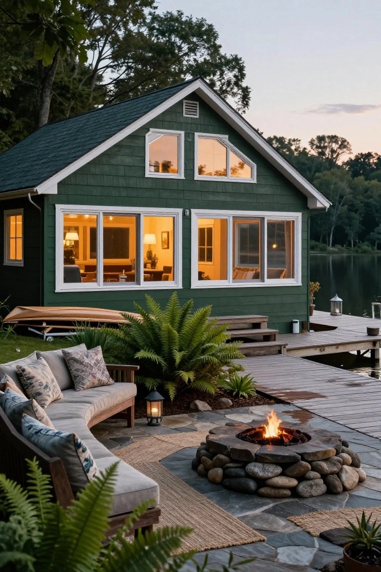 Green shingled house with white-framed windows lit from inside at dusk, beside a lake with wooden dock, curved outdoor bench seating, stone fire pit, lanterns, and plants.