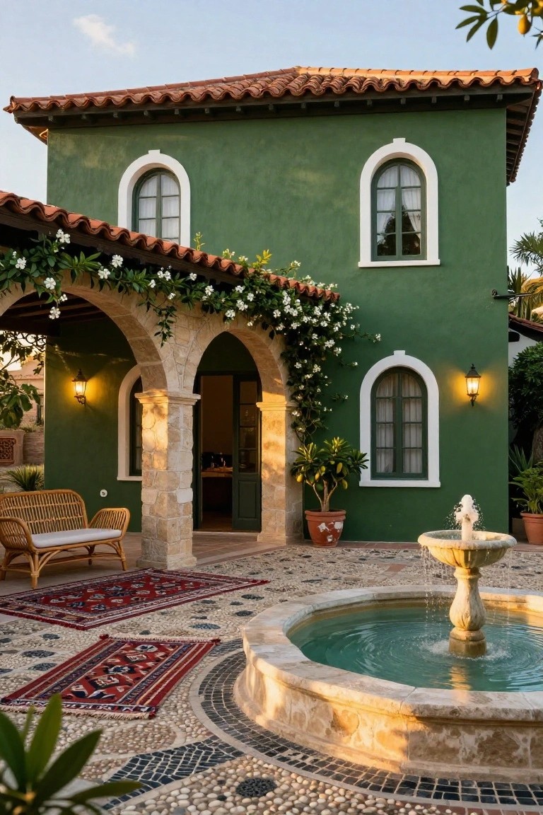 Green stucco house exterior with white-trimmed arched windows, stone-arched covered porch with lanterns and climbing white flowers, rattan bench, potted plants, fountain, and patterned rugs on pebbled courtyard patio.
