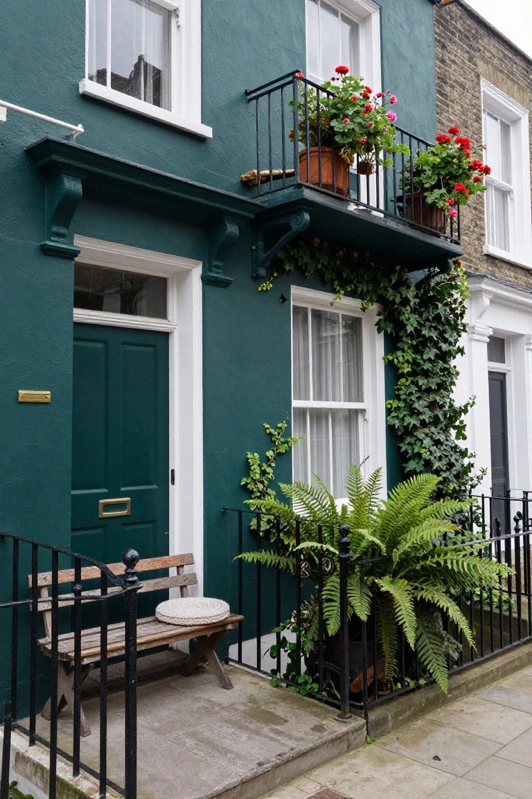 A two-story terraced house painted deep teal-green with white-framed sash windows and door, a small upper balcony with red geranium pots, ivy climbing one side, potted ferns by black iron railings, and a wooden bench with woven cushion on the front steps.