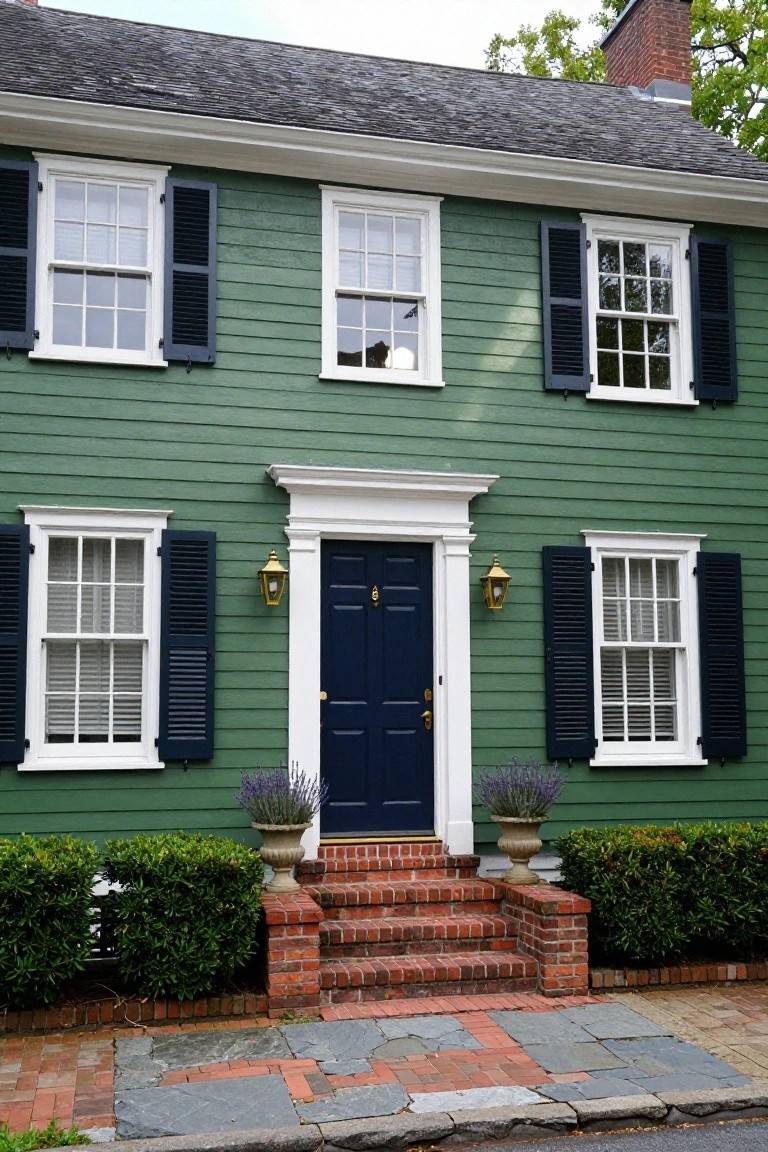 Two-story green clapboard house with white window trim and frames, black shutters, white pediment over navy front door with brass knocker and lanterns, lavender pots flanking door, brick steps, boxwood shrubs, and slate-brick pathway.