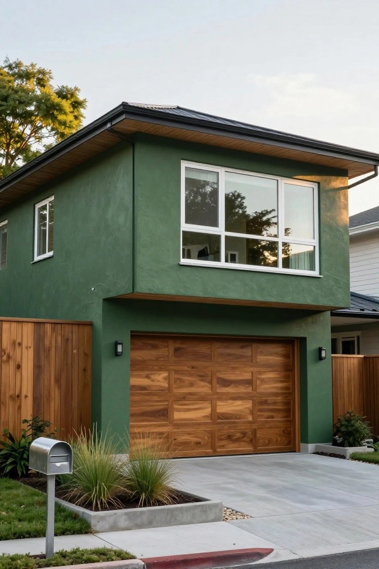 Two-story green stucco house with white-framed windows, wooden garage door, cedar fence, metal mailbox, grasses in front bed, and concrete driveway.