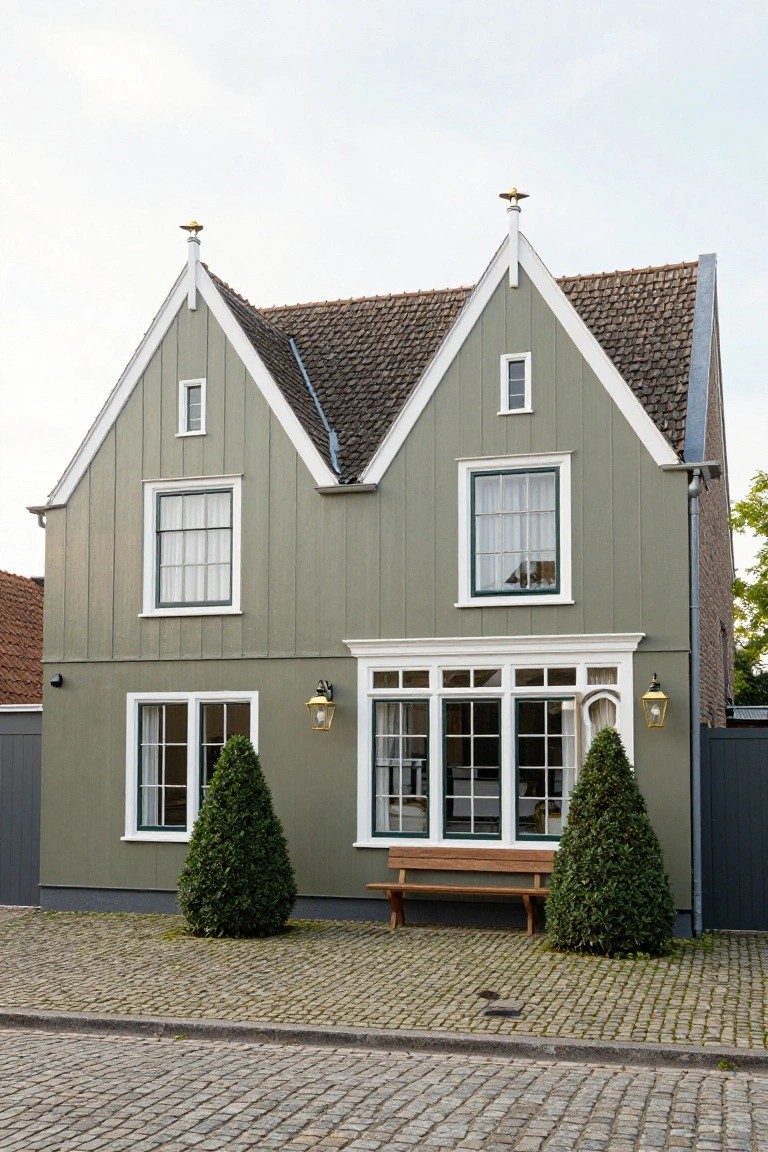 Two-story sage green clapboard house with white trim, gabled roof peaks topped with gold finials, multipane windows, front bench, flanked conifer trees, and cobblestone paving in front.