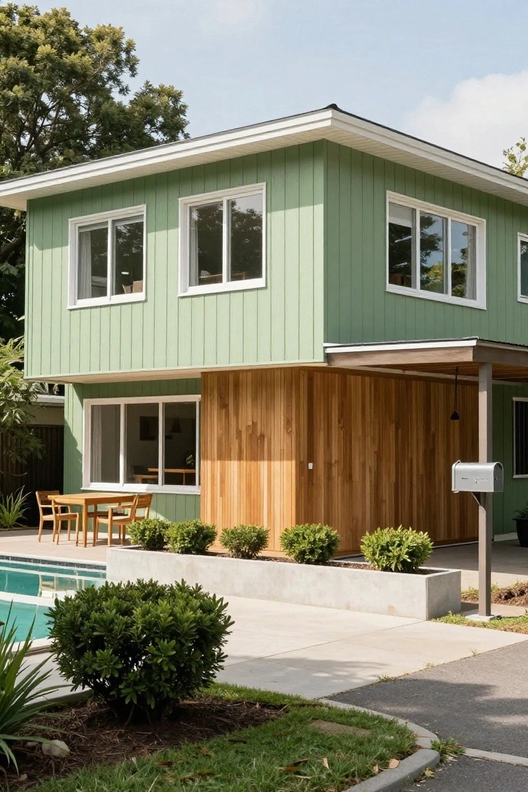 Green Siding with White Window Frames