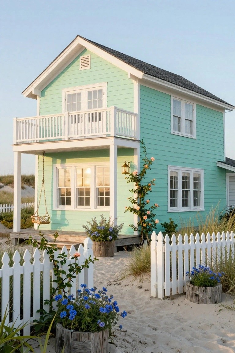 A two-story mint green clapboard house with white trim, large windows, balcony railing, porch swing, picket fence, climbing roses, potted flowers, and dune grass on a sandy beach lot.