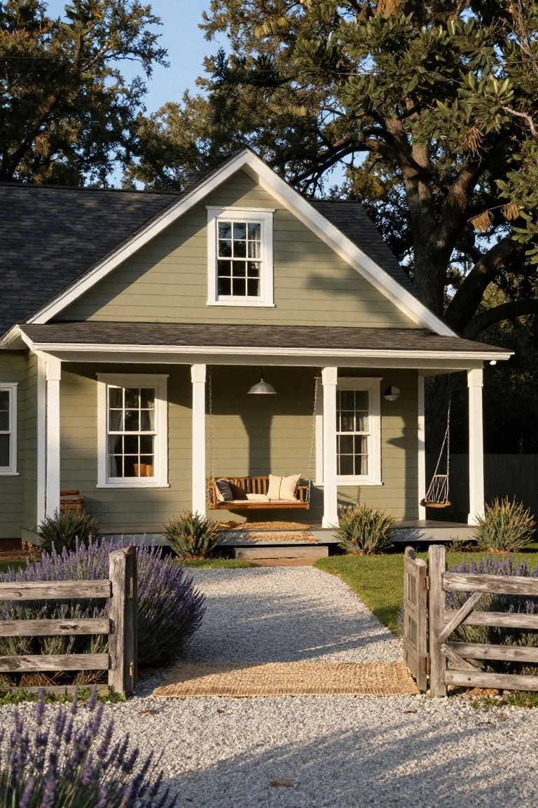 Sage green clapboard house with white window frames and trim, covered front porch with wooden swing bench, hanging lantern, white columns, gravel pathway lined with lavender bushes and agave plants leading to wooden gate, oak trees in background under partly cloudy sky.