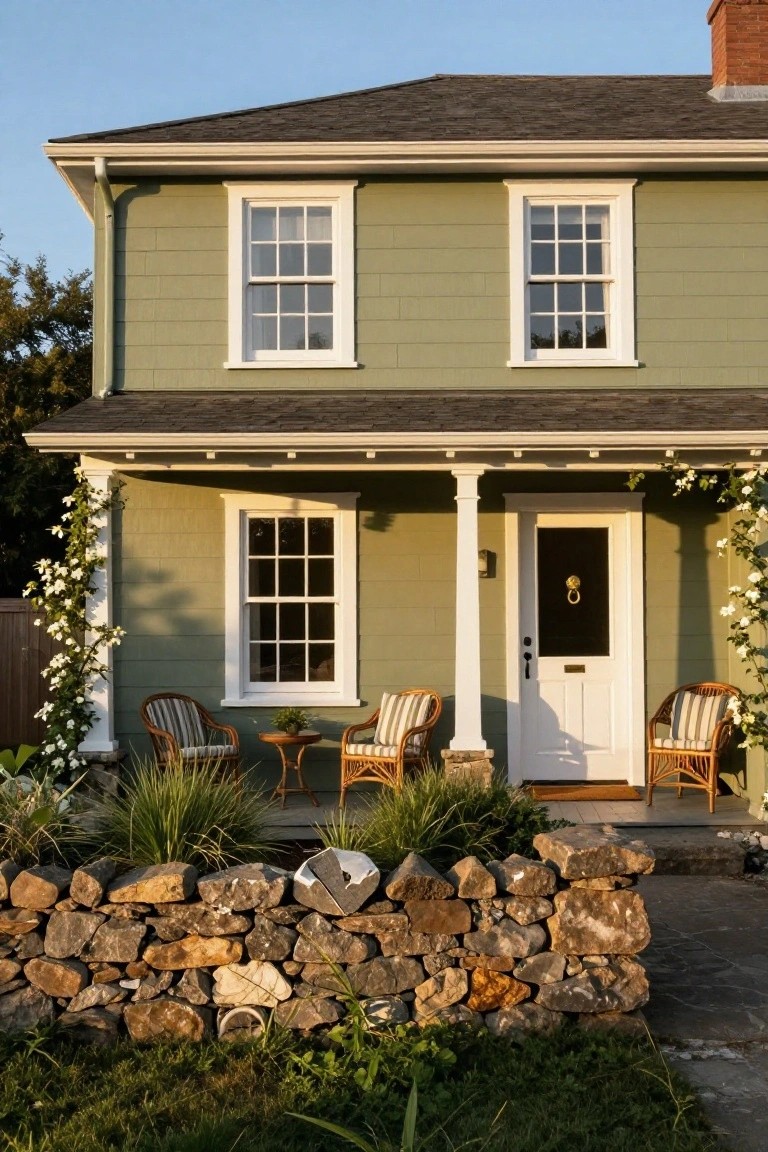 Sage green clapboard house exterior featuring double-hung white-framed windows, white front door with brass knocker, covered porch with wicker chairs and side table, climbing white flowers on columns, and a low stone retaining wall with plants in front.