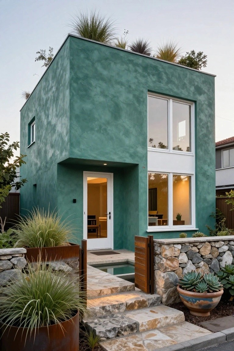 A compact cubic house with teal green stucco walls, large white-framed windows, a white front door, rooftop plants, and surrounding landscaping with stone steps and potted grasses.