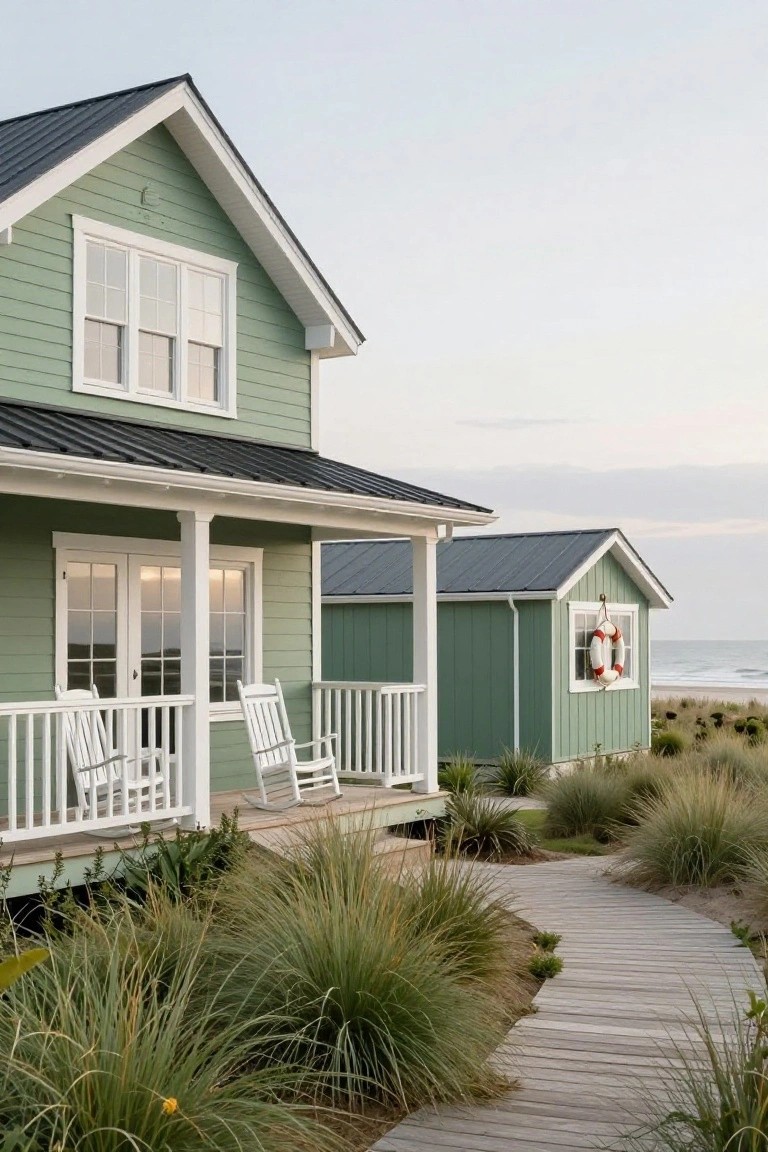 Mint green clapboard house with white-framed windows, double doors, and porch railings, rocking chairs on the deck, small matching shed nearby, dune grass, wooden path, and ocean beach in the background.