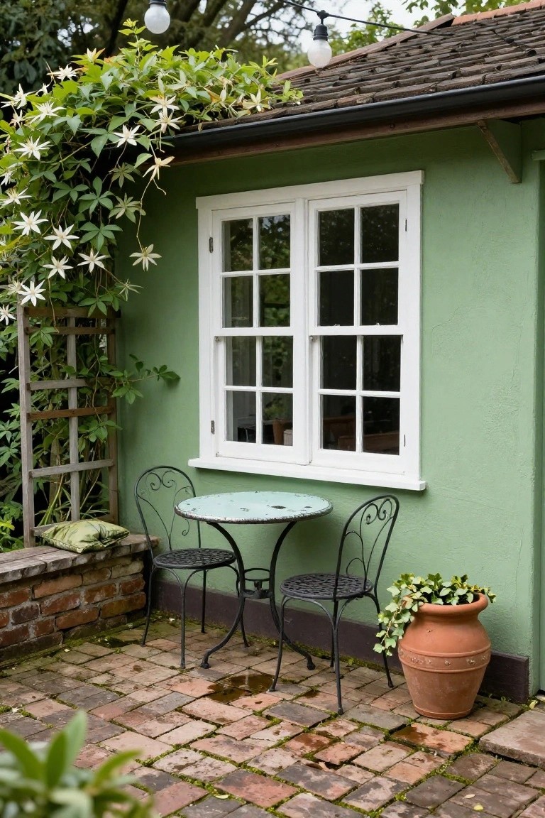 Sage green house wall with a tall white-framed window, climbing white flowers on a trellis nearby, small turquoise bistro table and two black metal chairs on a brick patio, potted plants and string lights overhead.