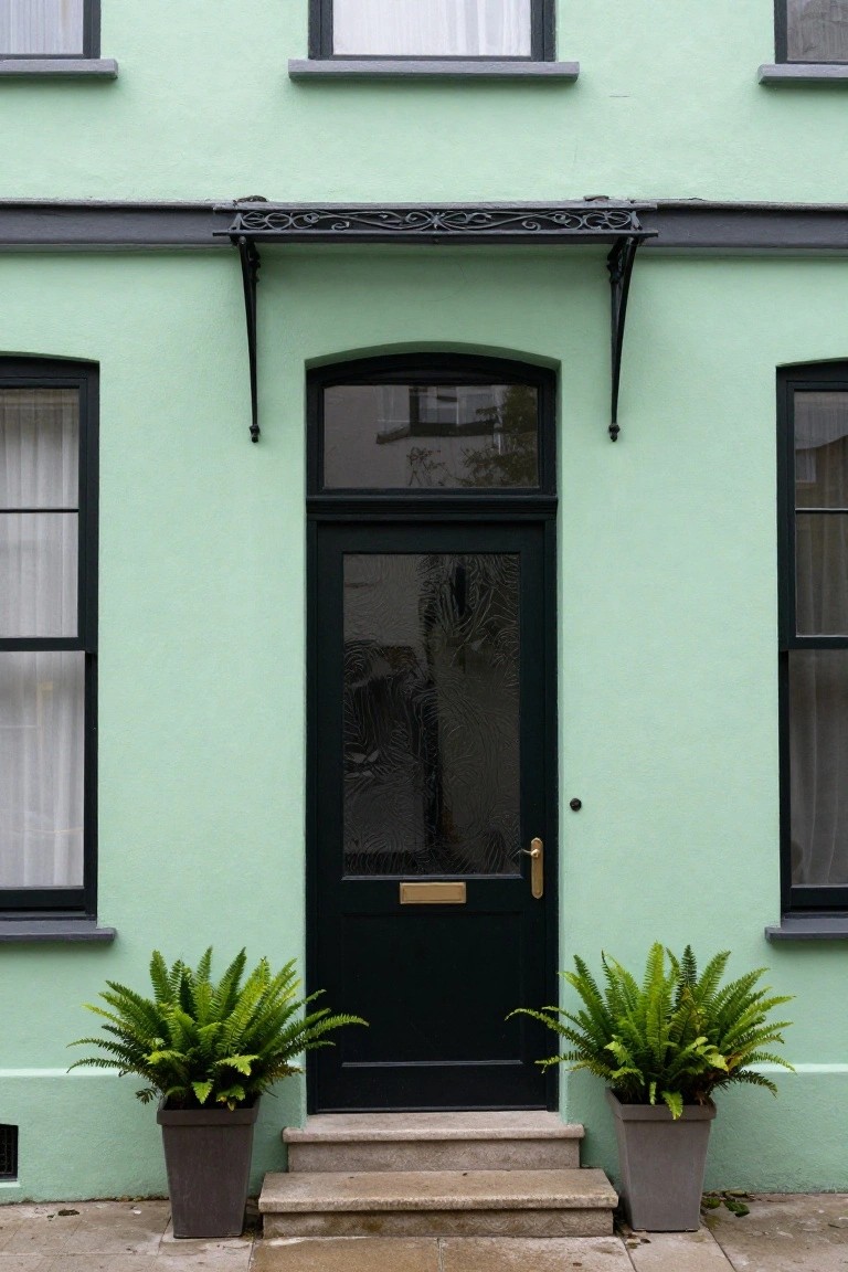 Mint green stucco terraced house exterior with centered black front door, gold knocker and letterbox, ornate black metal canopy over arched doorway, black-framed windows, and large potted ferns flanking the entry steps.