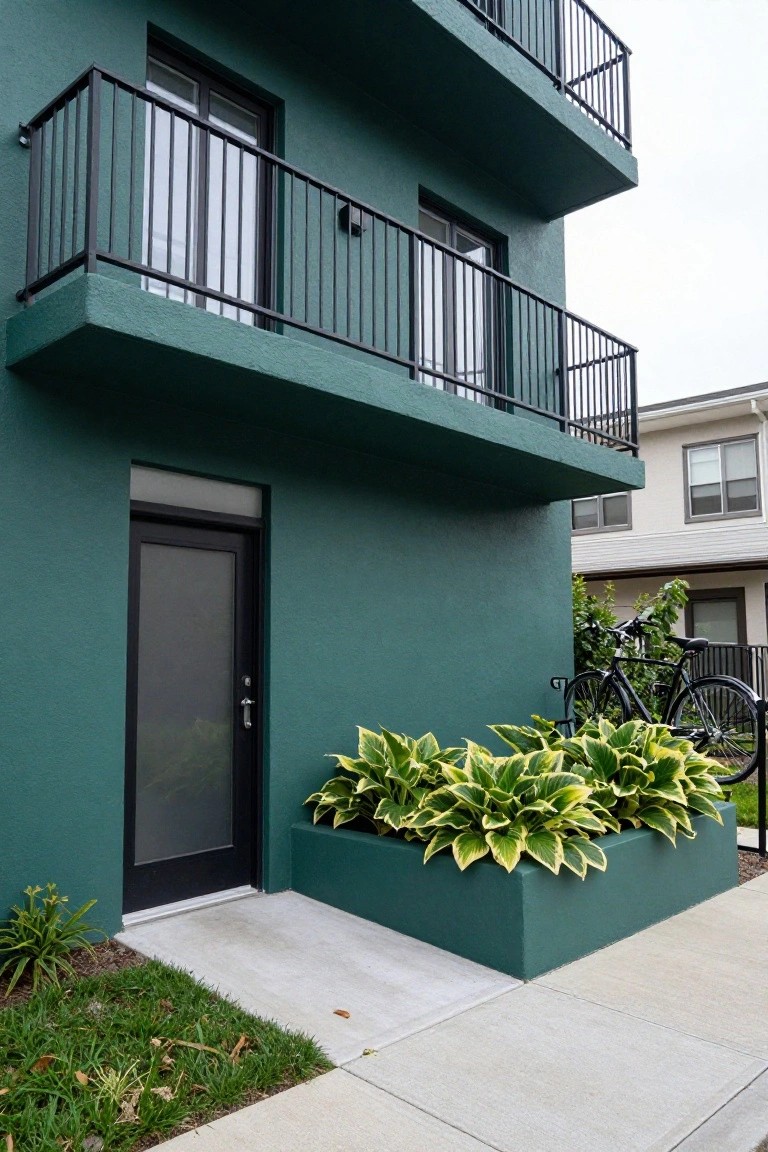Green stucco corner of a multi-level building with black metal balconies, a frosted glass entry door, a rectangular green planter box filled with variegated hosta plants, bicycles nearby, and a concrete walkway.