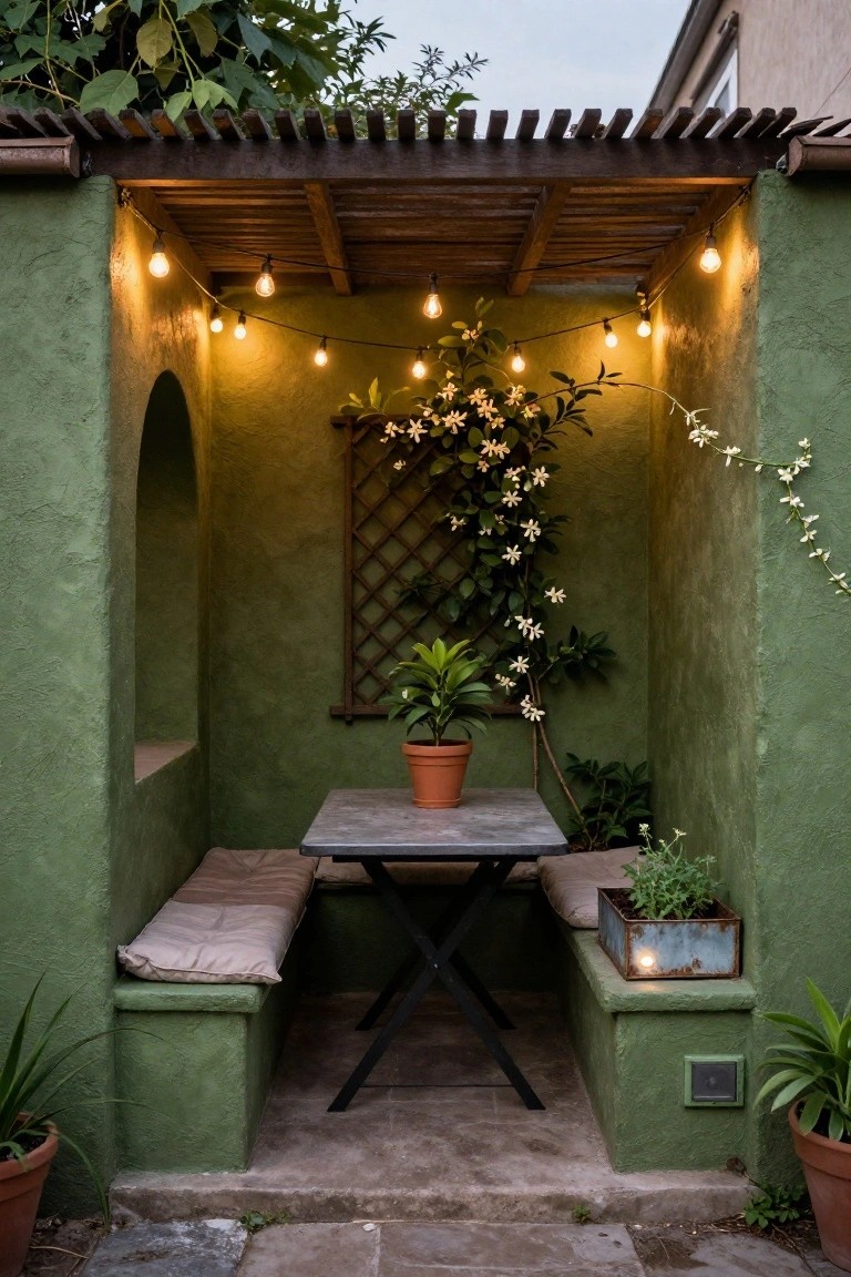 Green stucco alcove outdoors with wooden pergola, string lights, climbing white flowers on trellis, potted plants, metal table, beige cushions on benches, and tiled floor.