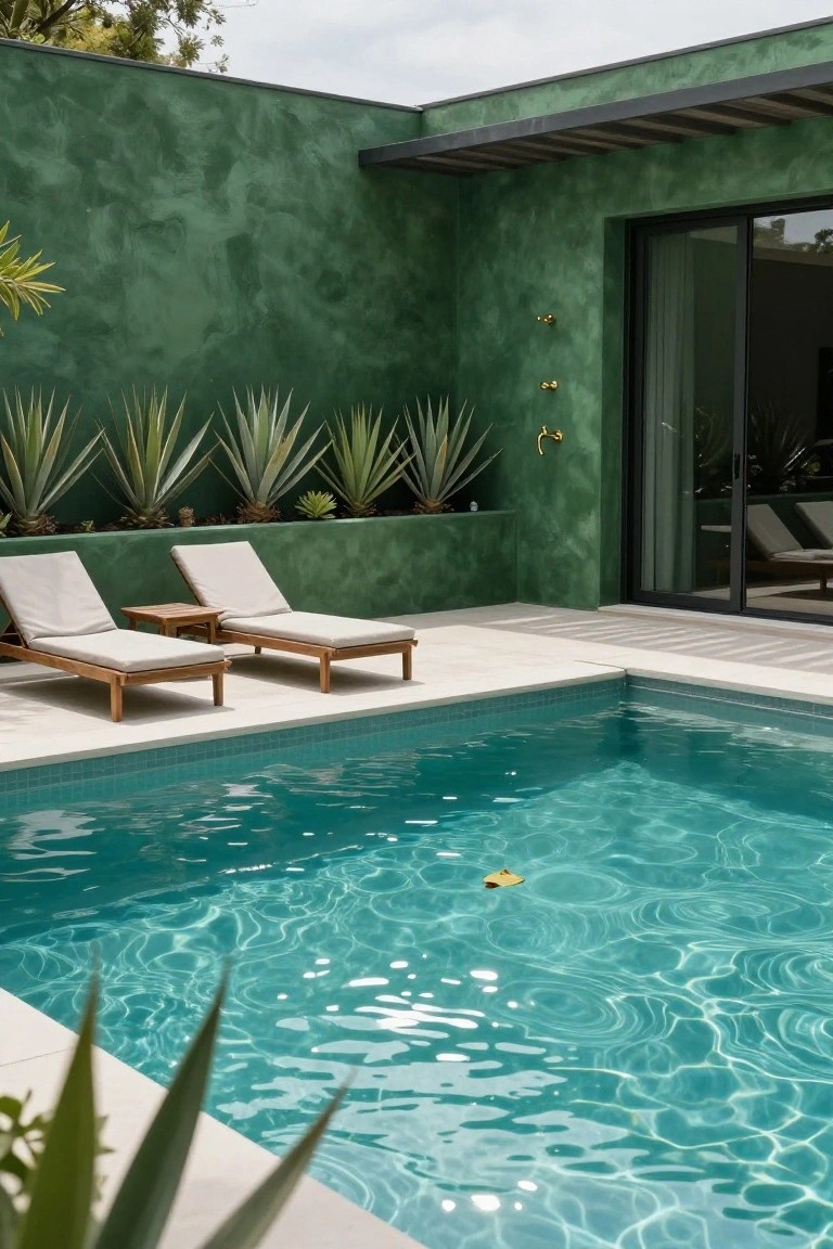 Close-up view of a turquoise-tiled pool with clear rippling water, two adjacent wooden lounge chairs with beige cushions and a small side table on a light stone deck, against a tall textured green stucco wall planted with agave plants and featuring glass doors and gold fixtures.