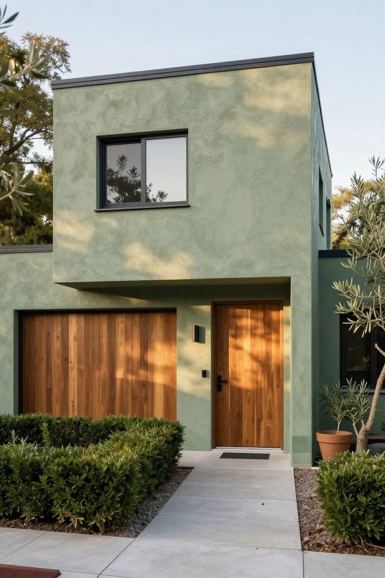 A two-story modern house with sage green stucco exterior, wooden vertical plank garage door, wooden front door, black-framed windows, and boxwood hedges bordering the concrete walkway.