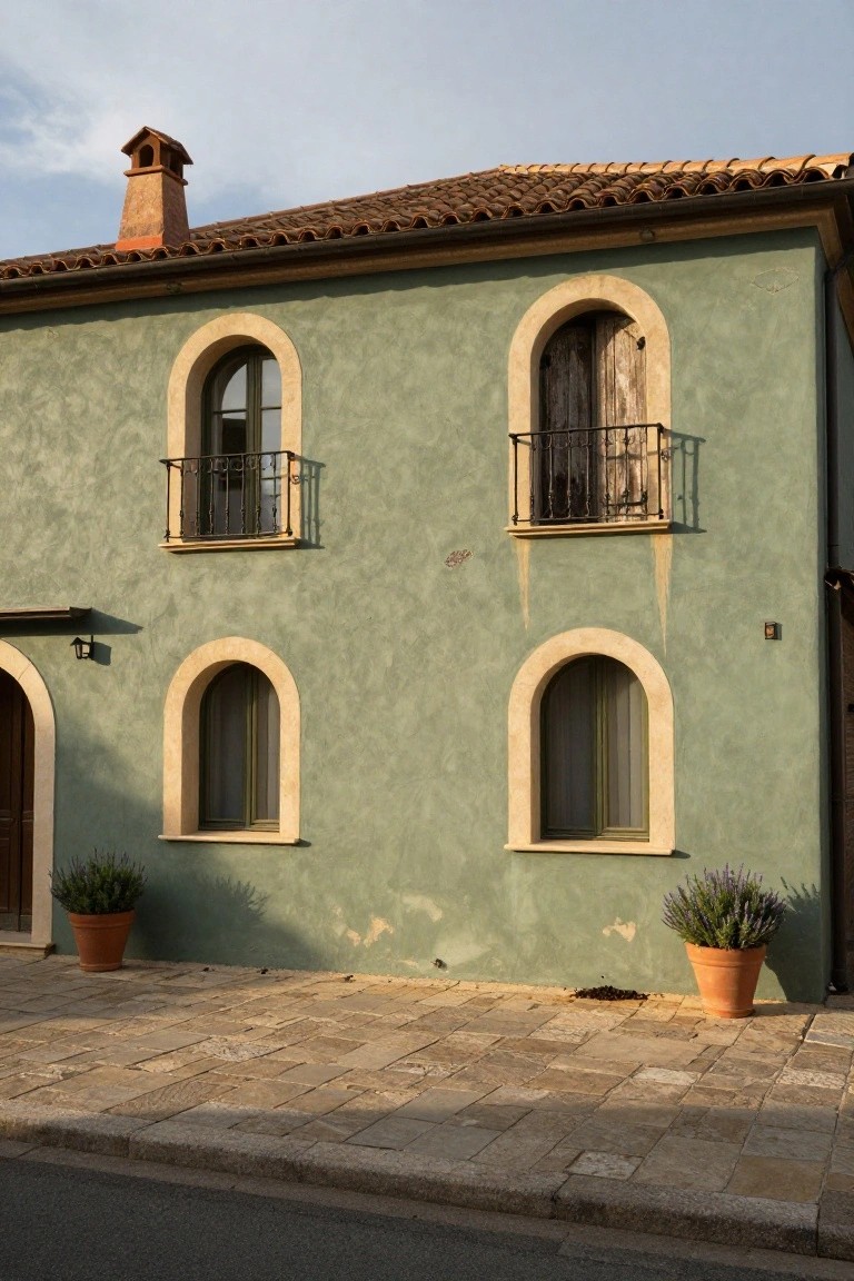 Two-story house exterior with pale green stucco walls, arched windows, upper balcony with wrought iron railing and worn wooden shutters, terracotta tile roof, chimney, potted lavender plants, and stone-paved walkway beside a street.