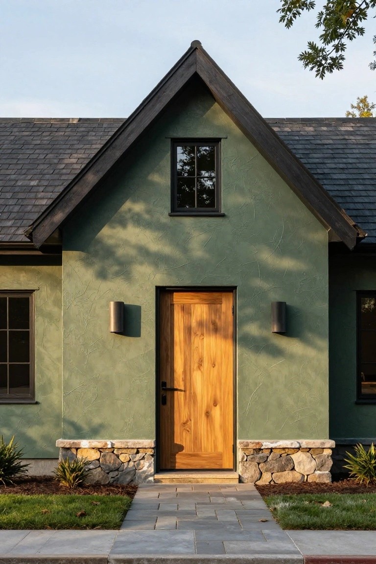 Front exterior of a single-story house with sage green textured stucco walls, black wood trim and windows, dark shingle gable roof, wooden front door with black hardware, stone foundation, wall sconces, succulent plants, and gray stone pathway.