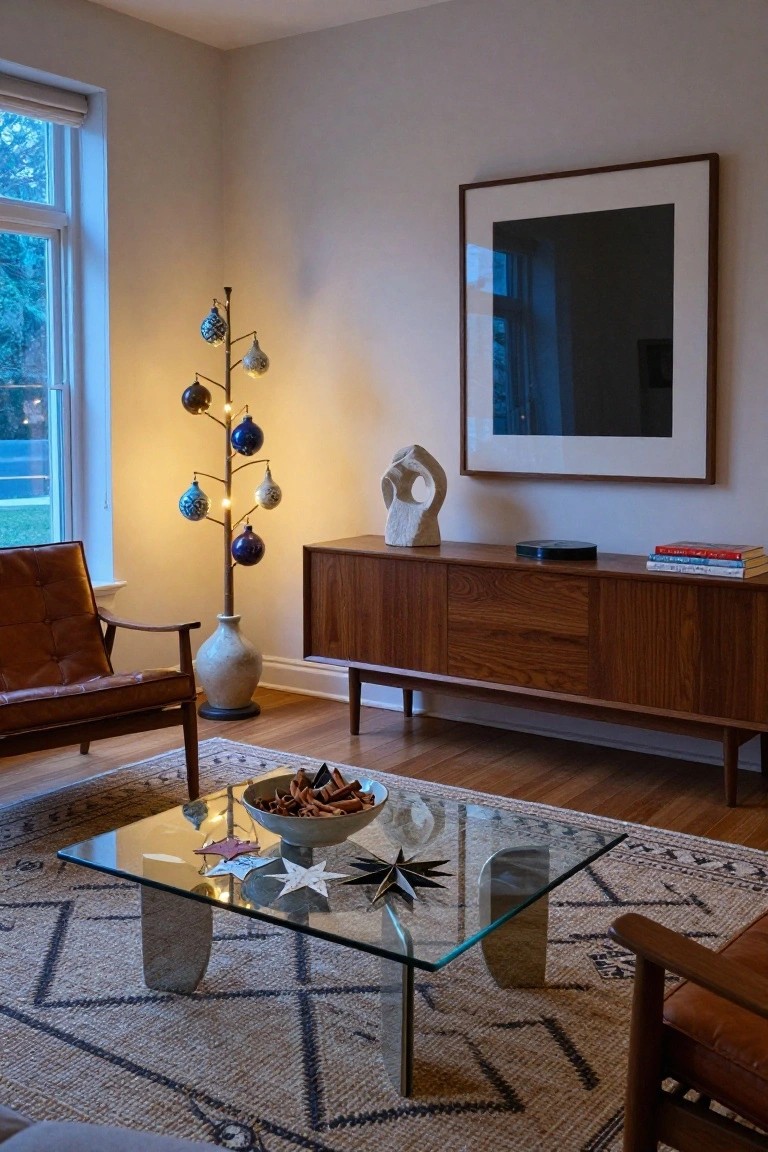 A cozy living room corner featuring a tall branch-shaped lamp with blue and white hanging Christmas ornaments, lit from within, next to mid-century wood furniture and a glass coffee table on a patterned rug.